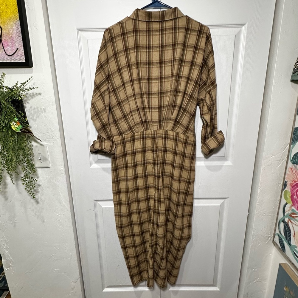 Lulus Seasonal Spirit Plaid Ruched Midi Dress Size XL Taupe Brown - Picture 4 of 11